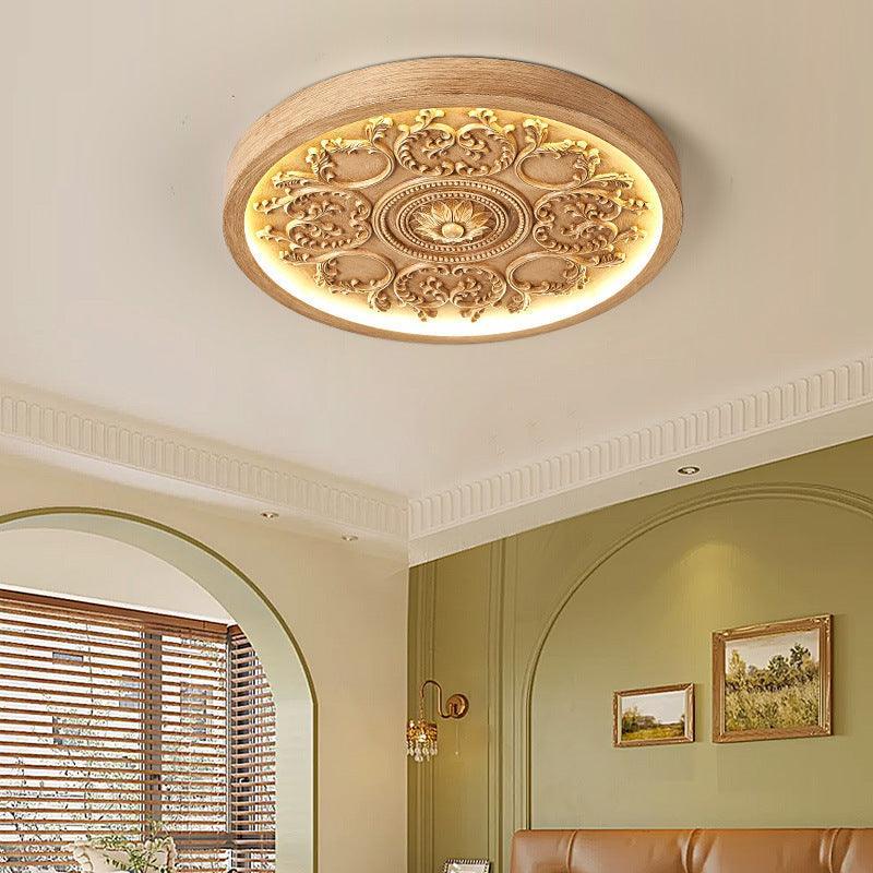 Wood-effect rosette LED ceiling light in a living room