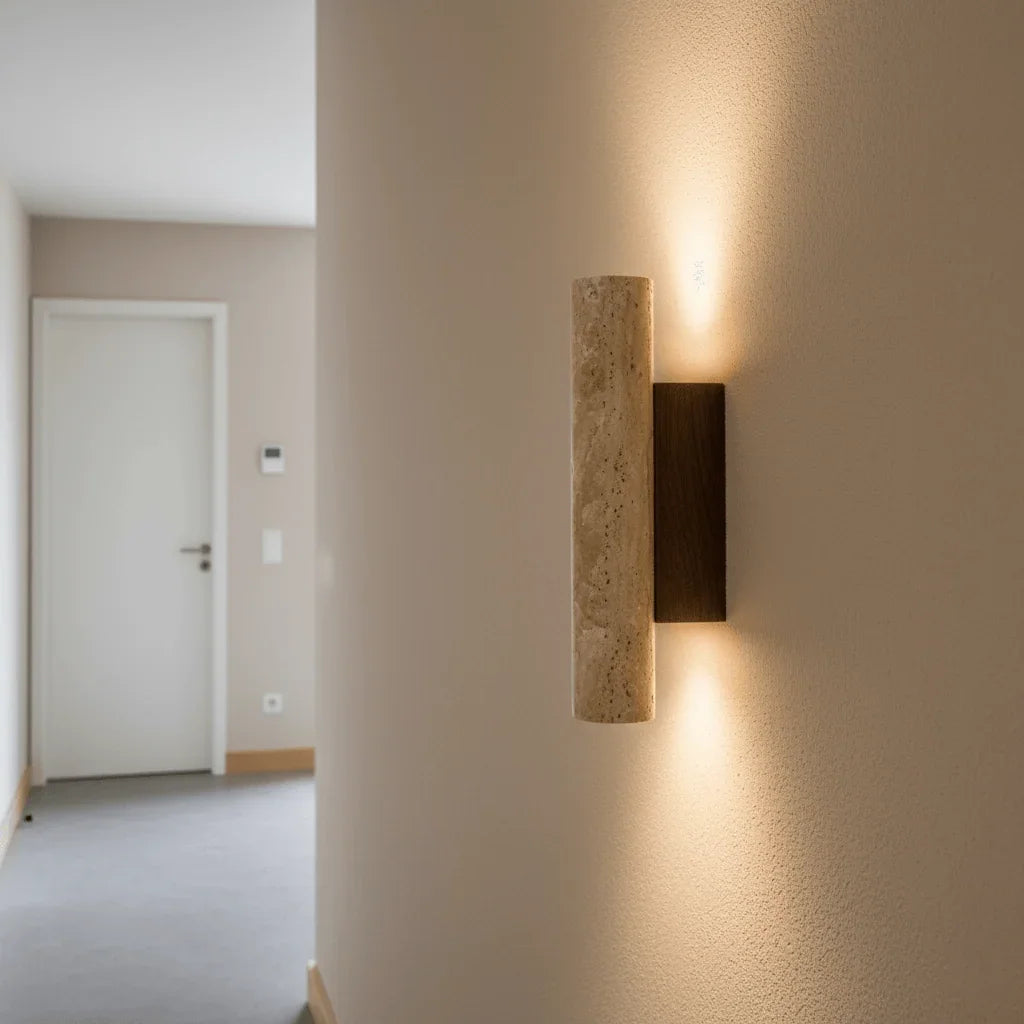 Travertine cylinder wall light in a hallway