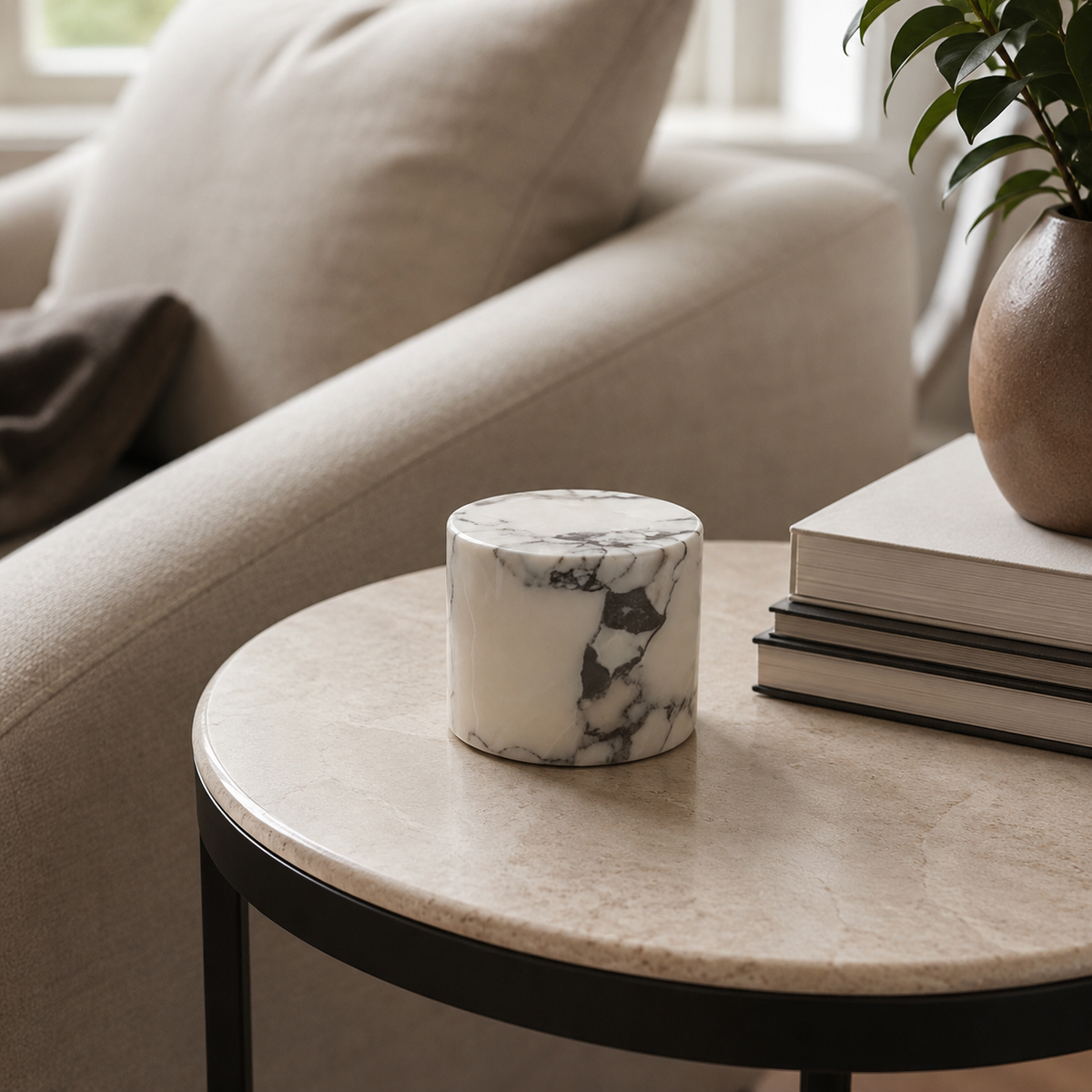 Natural marble lamp beside books on a round table