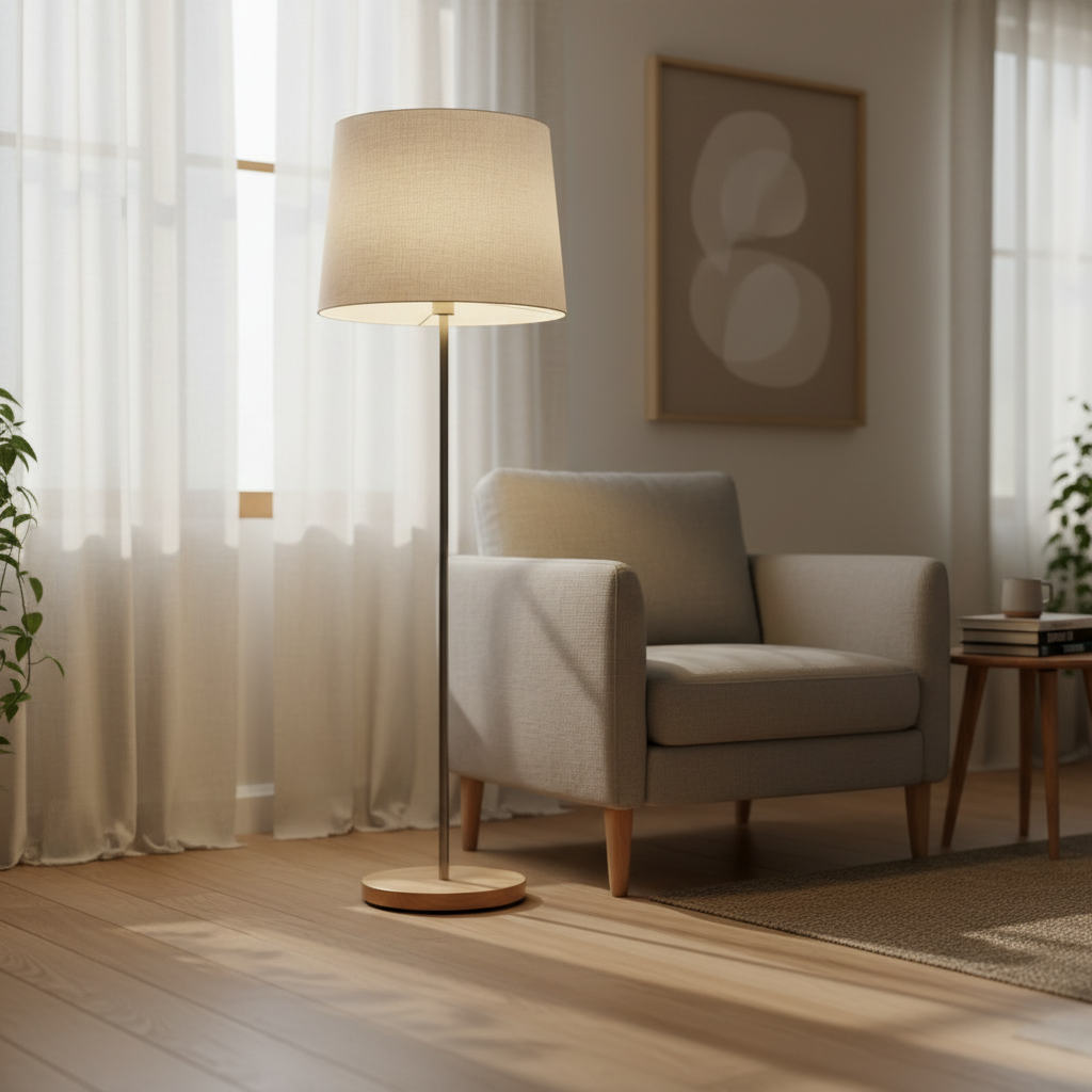 Warmly lit cream shade floor lamp beside an armchair