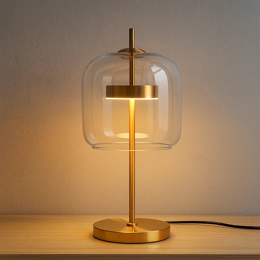 Modern table lamp with a transparent glass dome shade and a brushed gold metal base emitting a warm, inviting glow on a wooden desk surface.