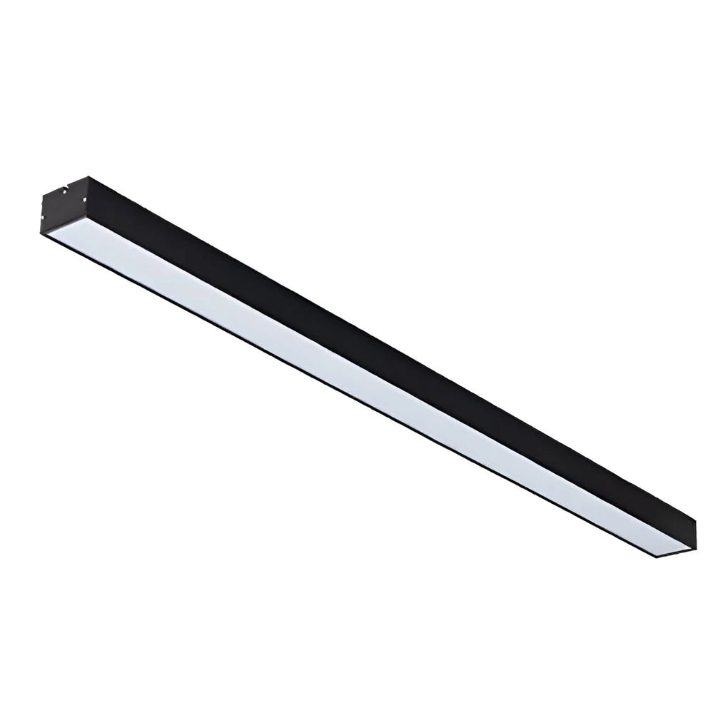 A sleek black linear LED pendant light with a minimalist design, suitable for modern commercial office spaces and professional lighting installations.