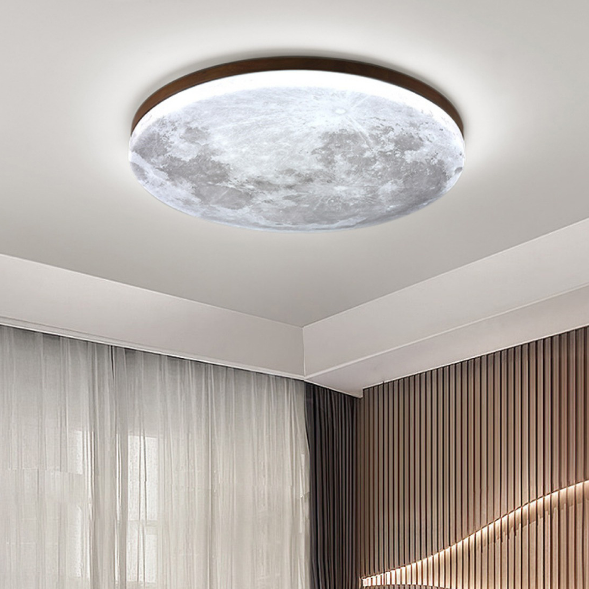 Dark wood-effect moon LED flush mount ceiling light