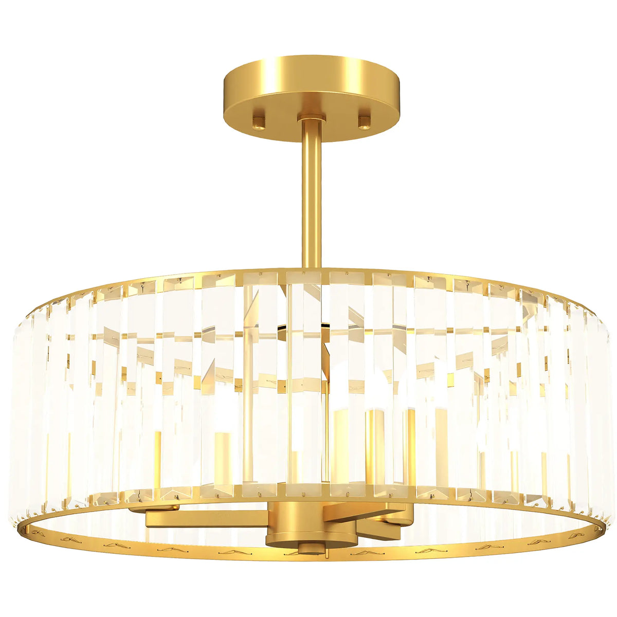 Gold-tone crystal semi-flush mount chandelier with a round crystal shade