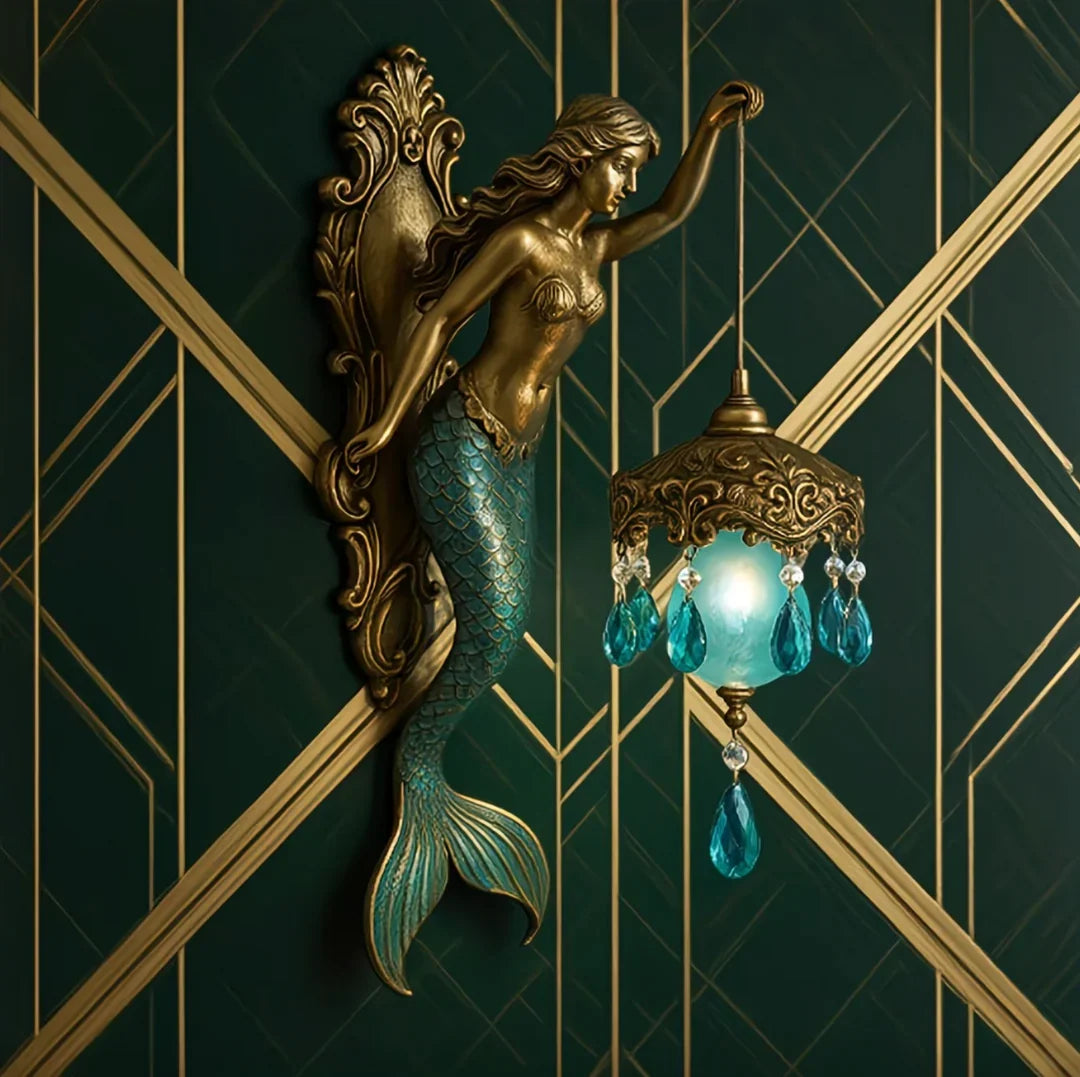 Mermaid wall lamp on a green decorative wall