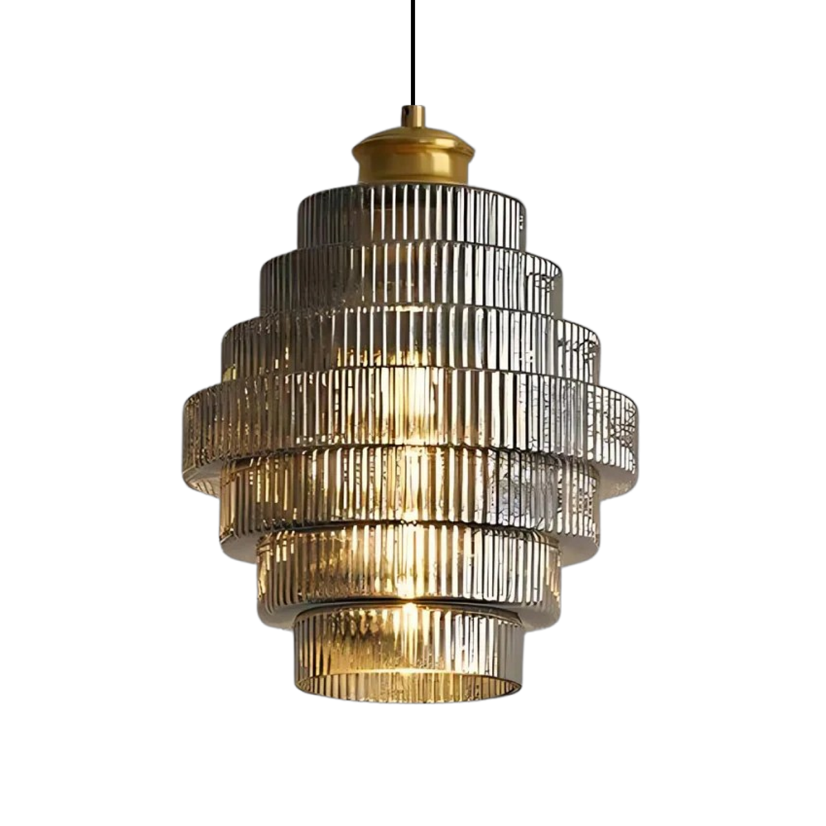 Smoky grey tiered glass pendant on white background