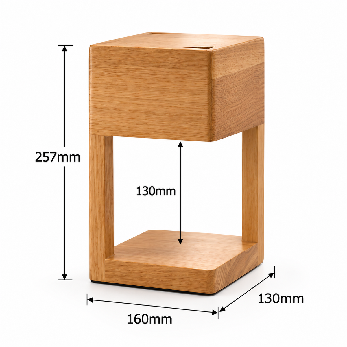 Wood frame candle warmer lamp dimensions: 257 mm high, 160 mm wide and 130 mm deep