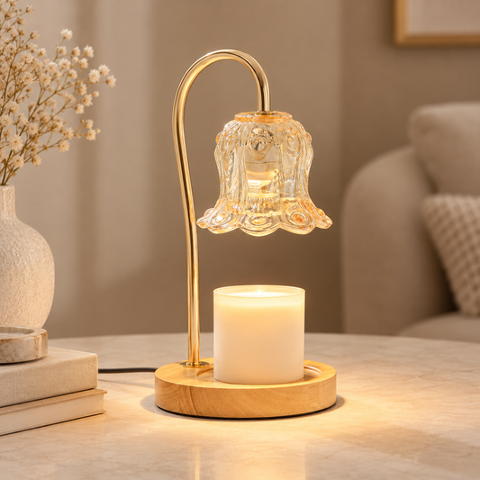 Wood candle warmer lamp with solid wood base and fluted glass shade