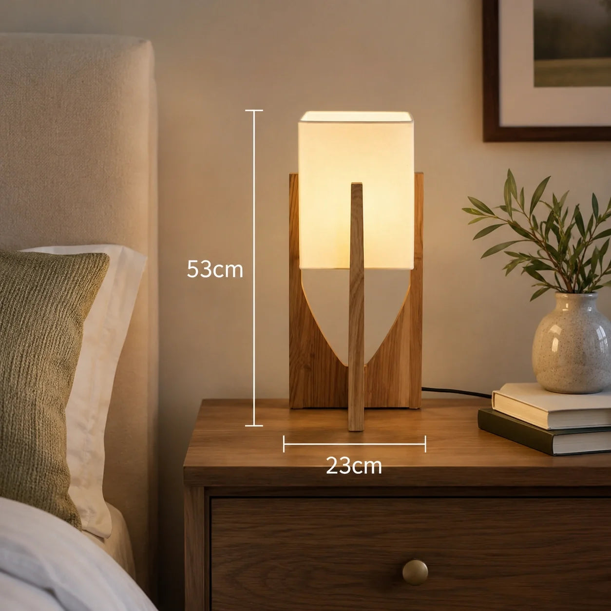 Wooden Floor Lamp with Fabric Shade and LED Bulb