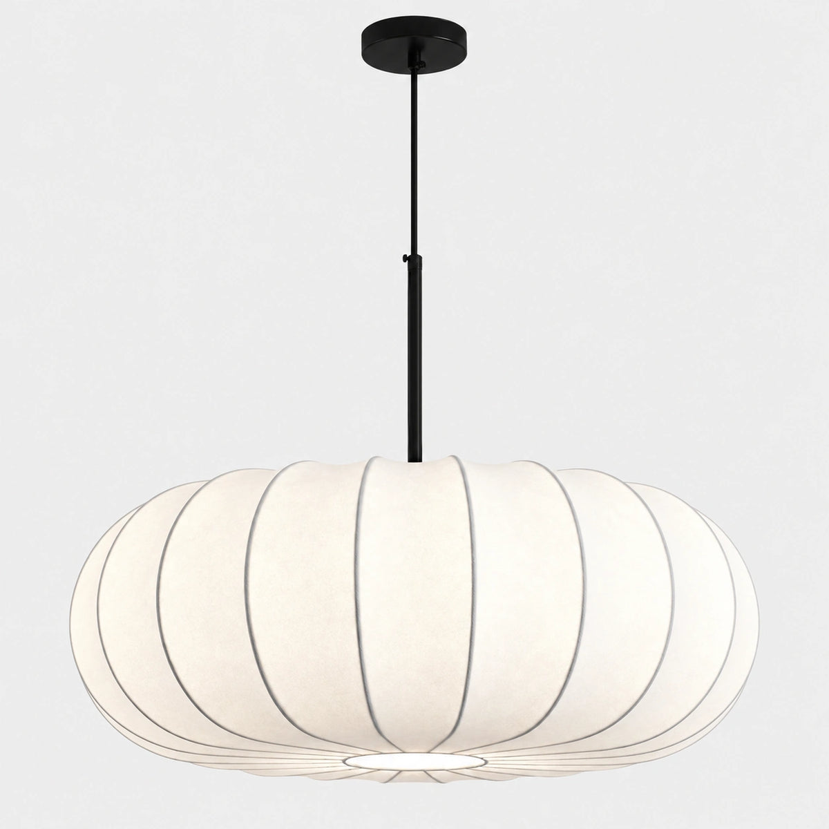 Retro silk pumpkin pendant light, 60 cm ribbed cream shade