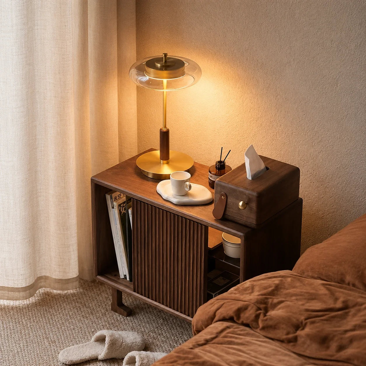 Walnut Wood and Glass LED Table Lamp