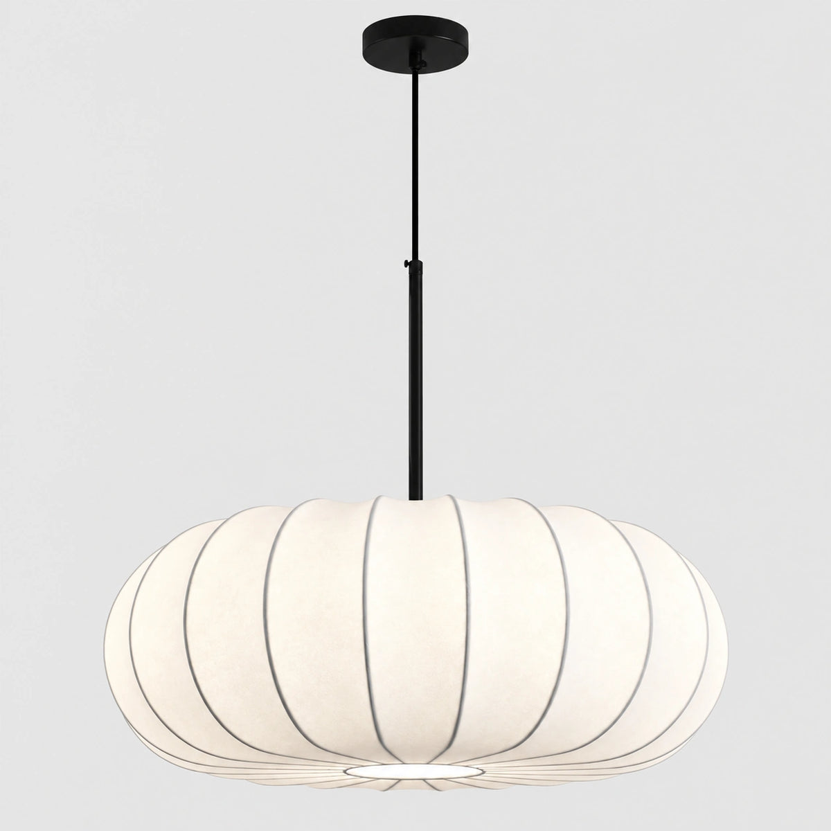 Retro silk pumpkin pendant light, 40 cm ribbed cream shade