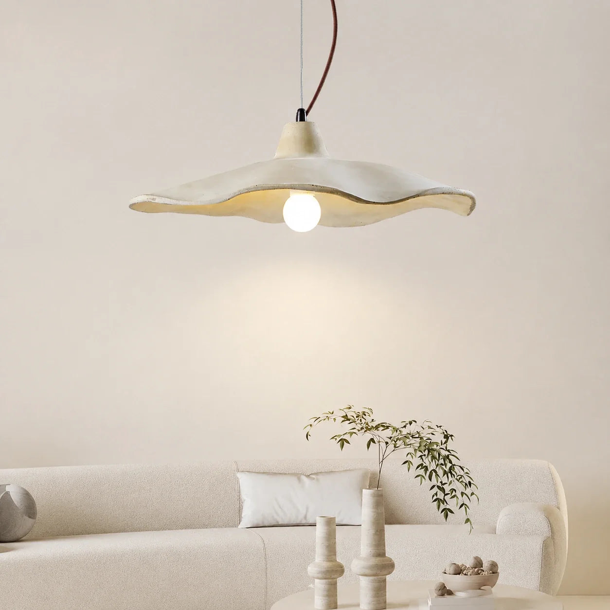 Scalloped Cement Pendant Light with Wood Detail