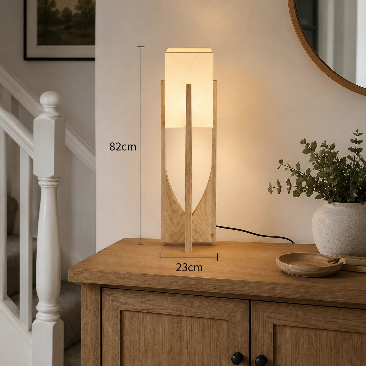 Wooden Floor Lamp with Fabric Shade and LED Bulb