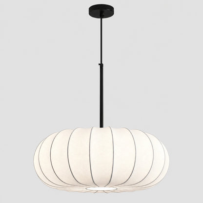 Retro silk pumpkin pendant light, 50 cm ribbed cream shade