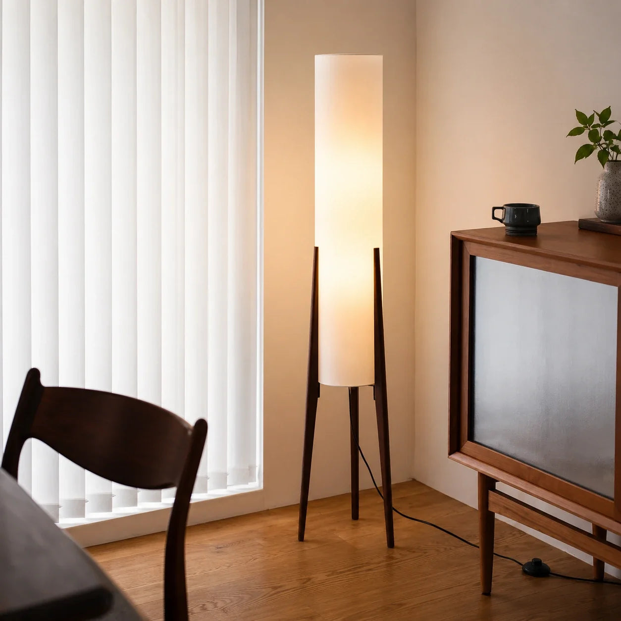 Wooden Tripod Floor Lamp with Tall Fabric Shade
