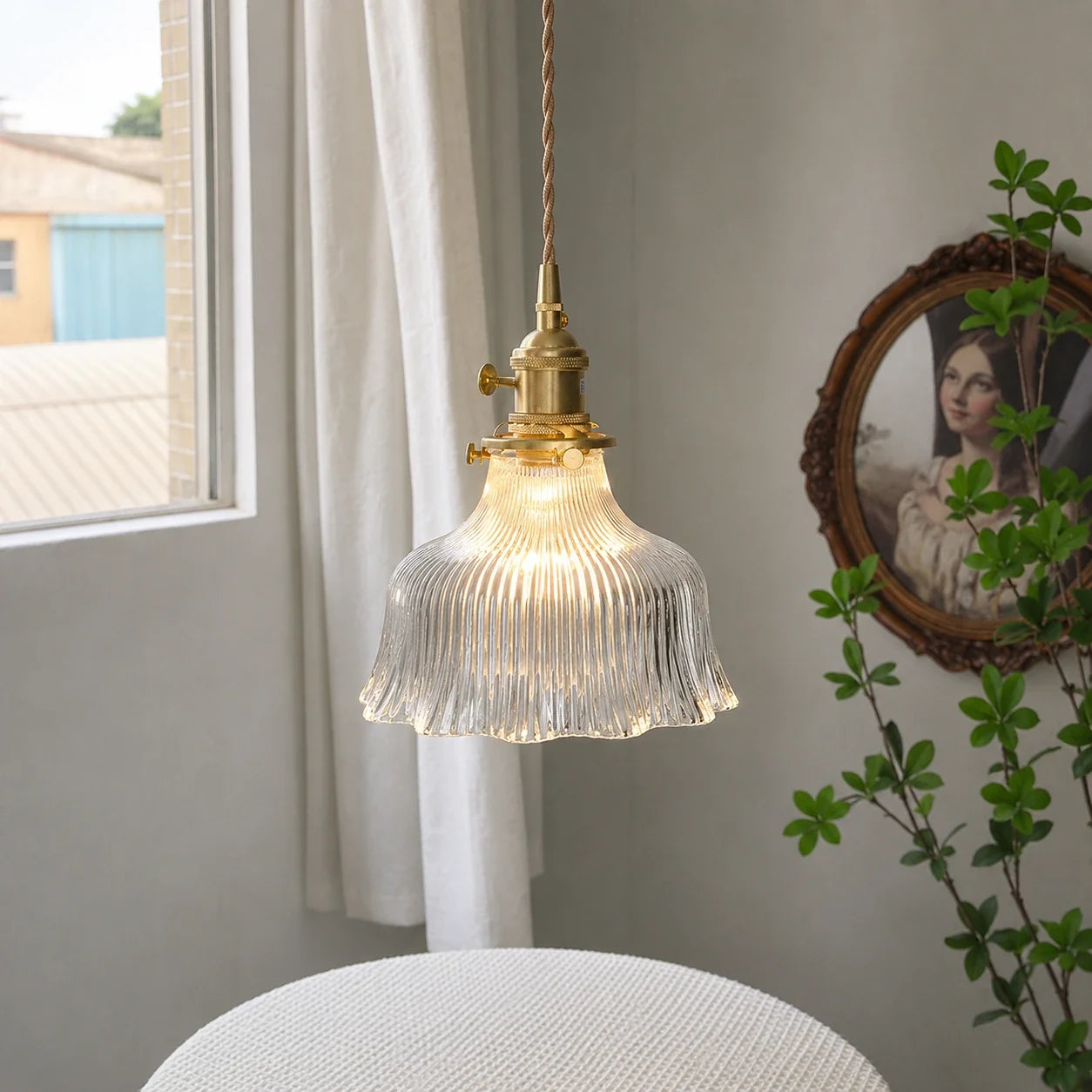 Vintage Ribbed Glass Pendant Light