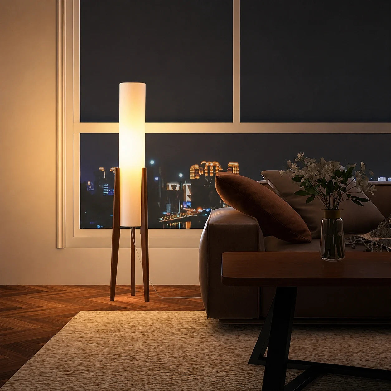 Wooden Tripod Floor Lamp with Tall Fabric Shade