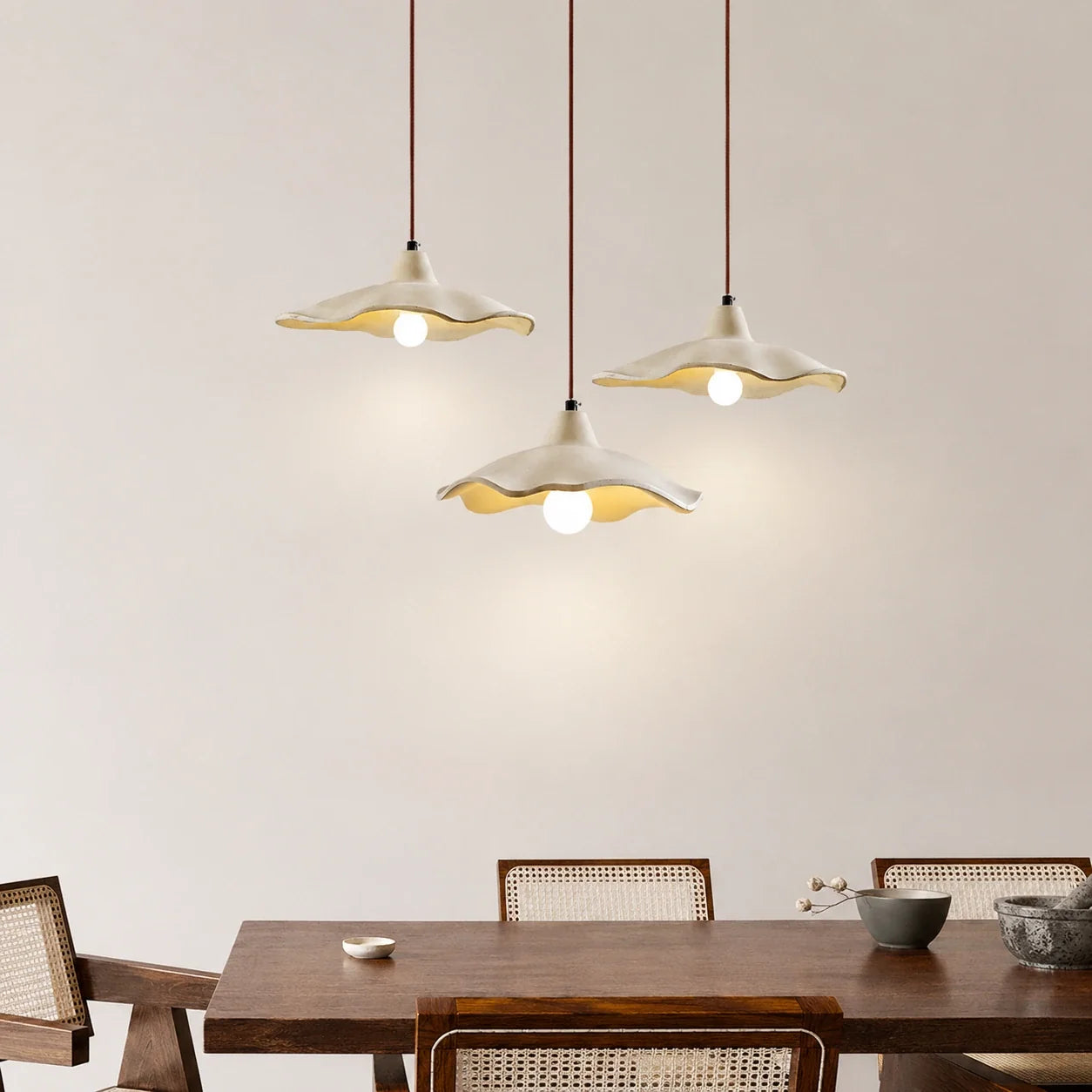 Scalloped Cement Pendant Light with Wood Detail