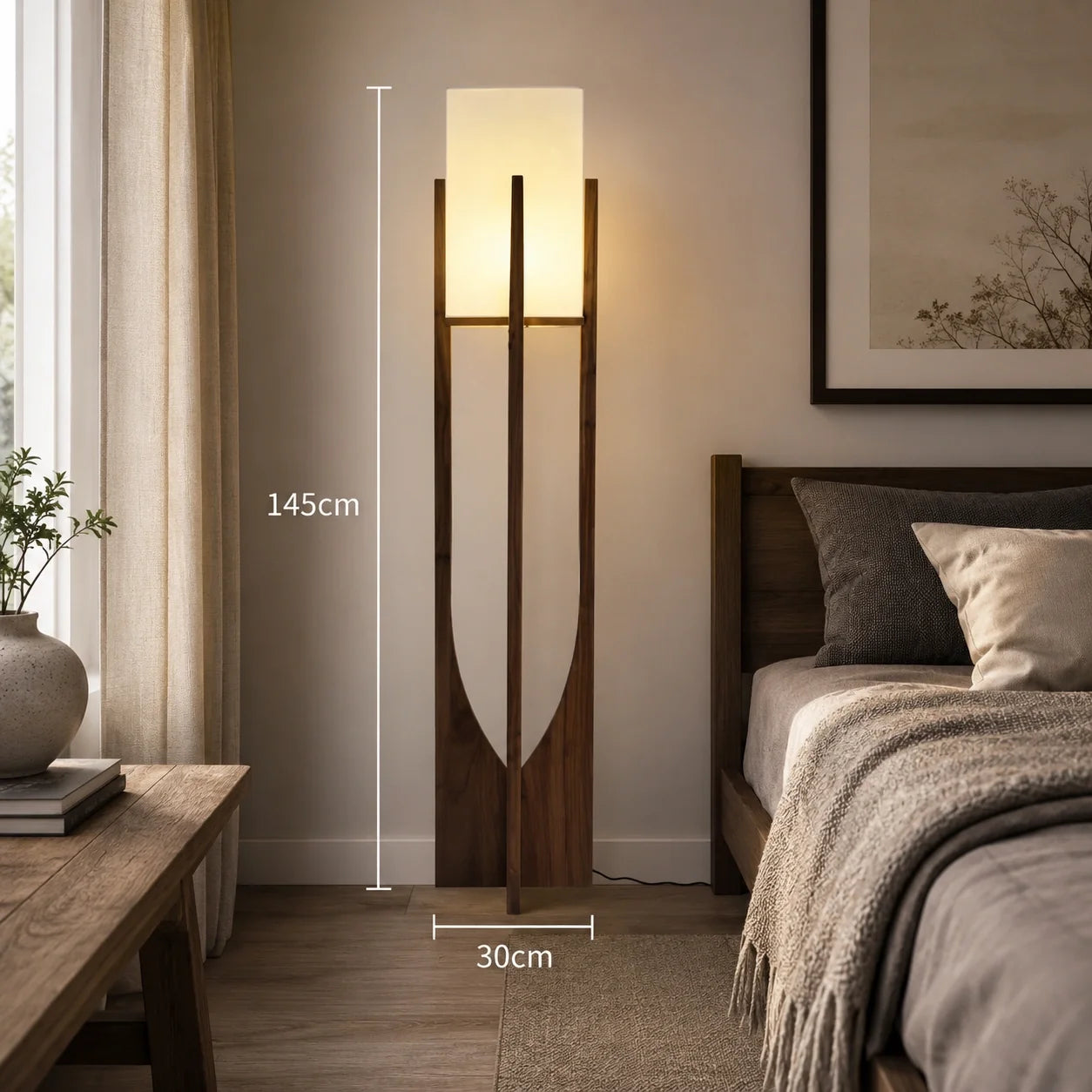 Wooden Floor Lamp with Fabric Shade and LED Bulb