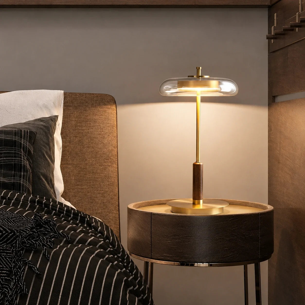 Walnut Wood and Glass LED Table Lamp