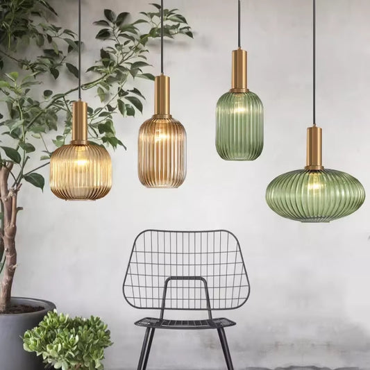 Ribbed Glass Pendant Light with Adjustable Cord