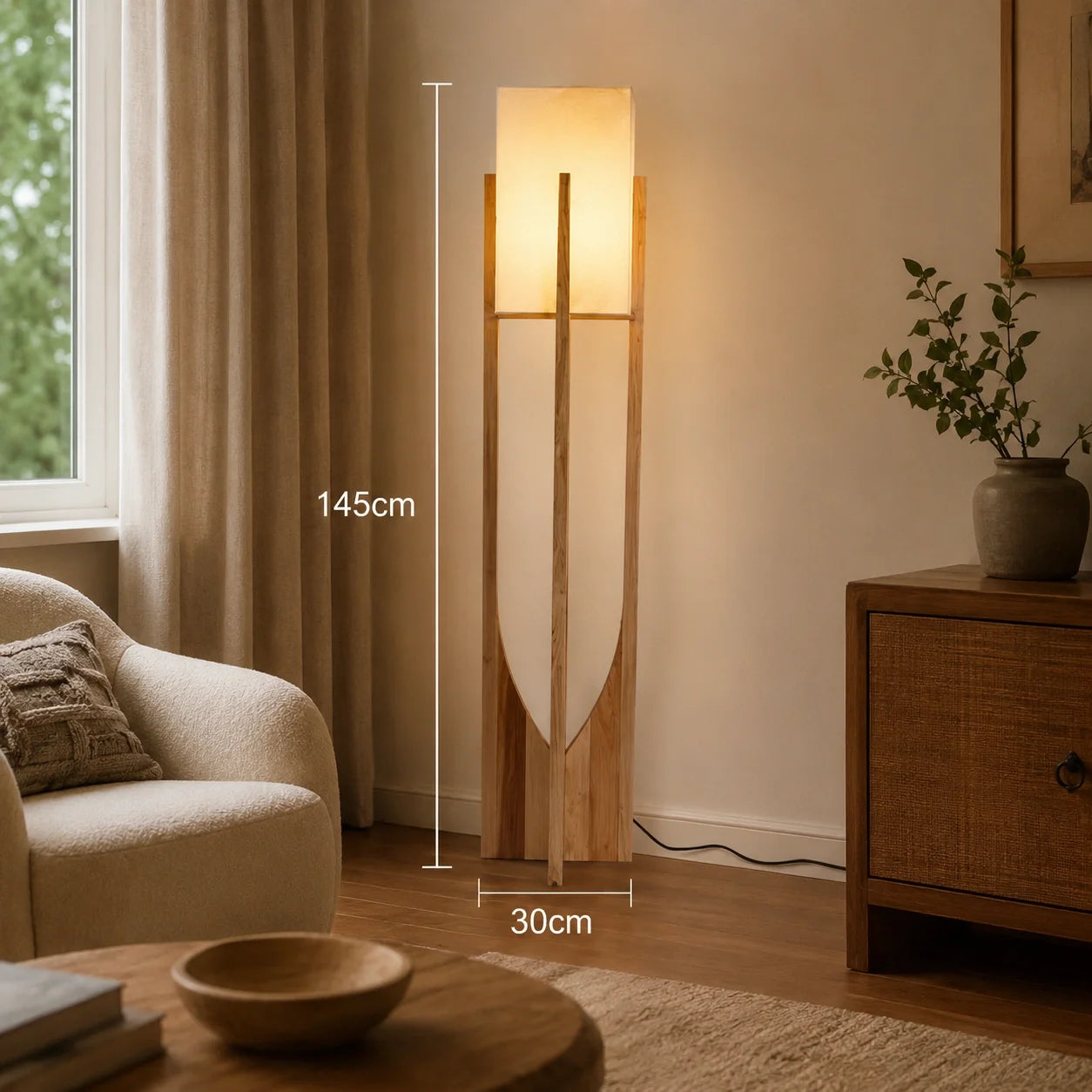 Wooden Floor Lamp with Fabric Shade and LED Bulb