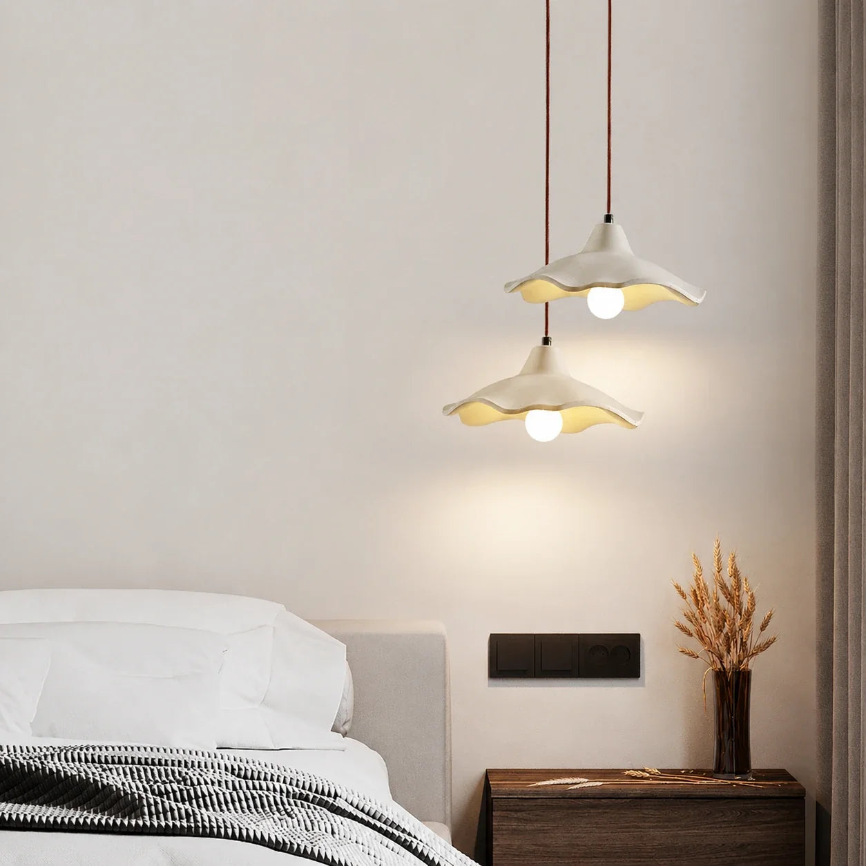 Scalloped Cement Pendant Light with Wood Detail