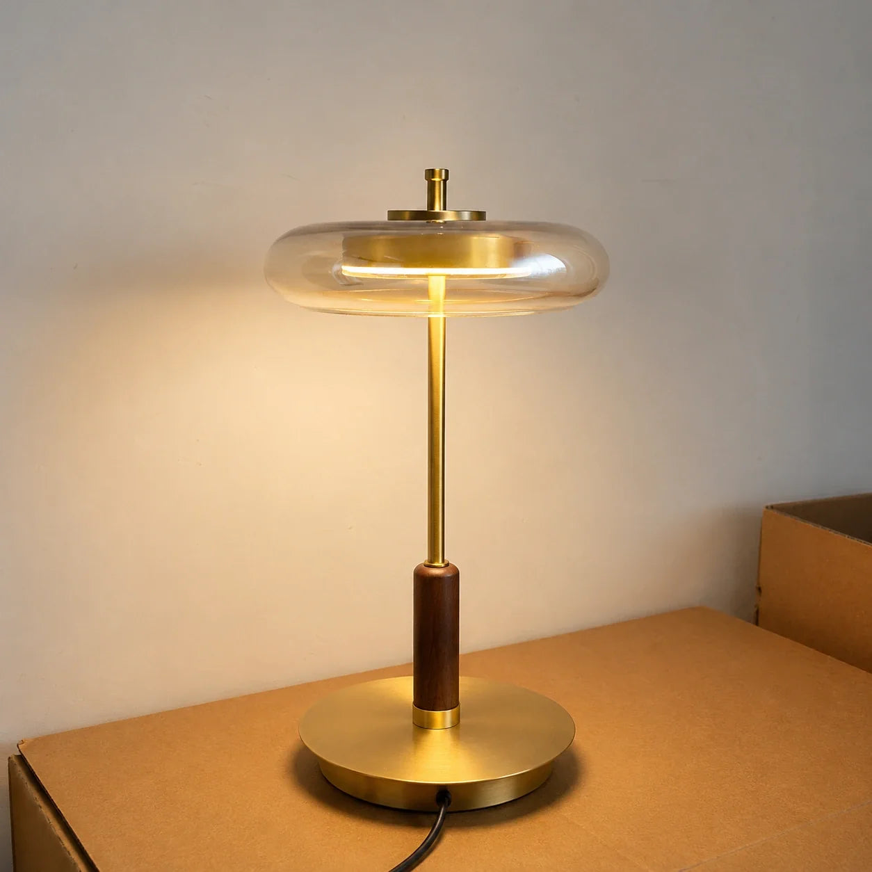 Walnut Wood and Glass LED Table Lamp