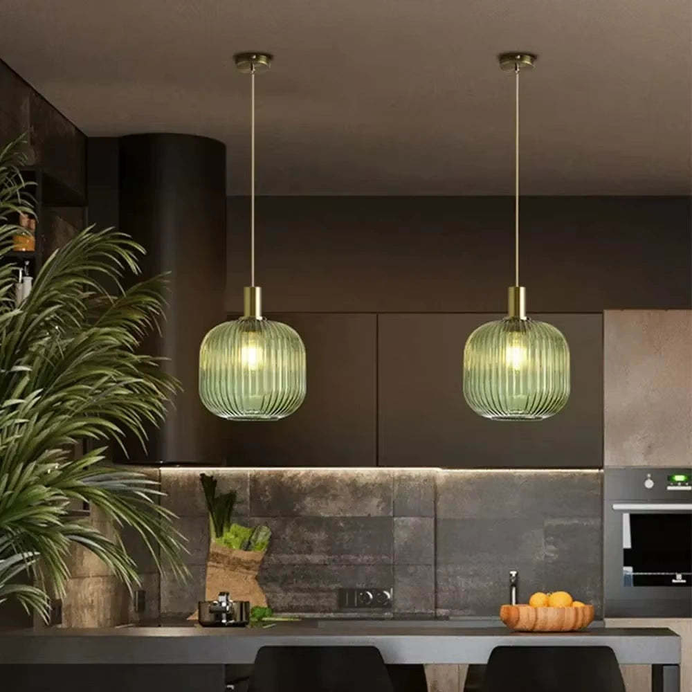 Ribbed Glass Pendant Light with Adjustable Cord