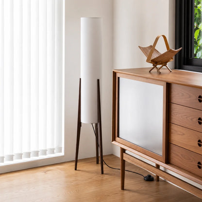 Wooden Tripod Floor Lamp with Tall Fabric Shade