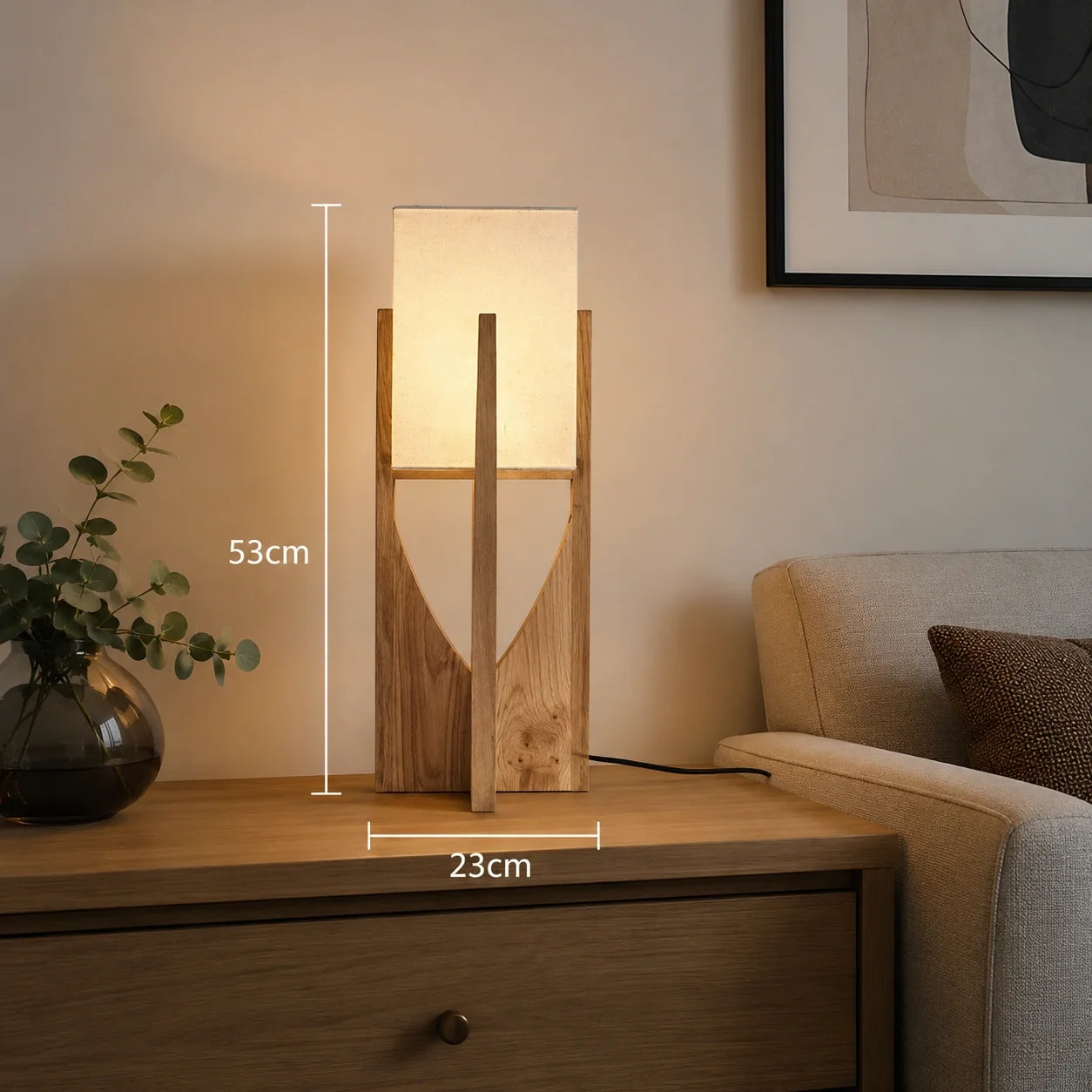 Wooden Floor Lamp with Fabric Shade and LED Bulb