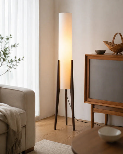 Wooden Tripod Floor Lamp with Tall Fabric Shade