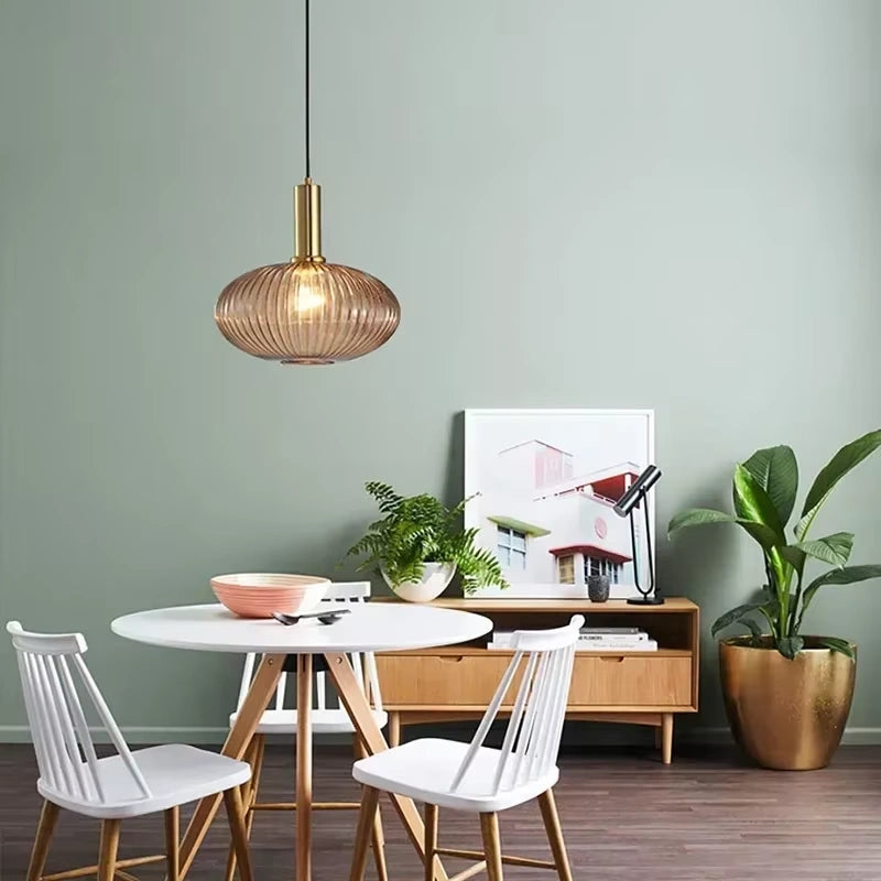 Ribbed Glass Pendant Light with Adjustable Cord