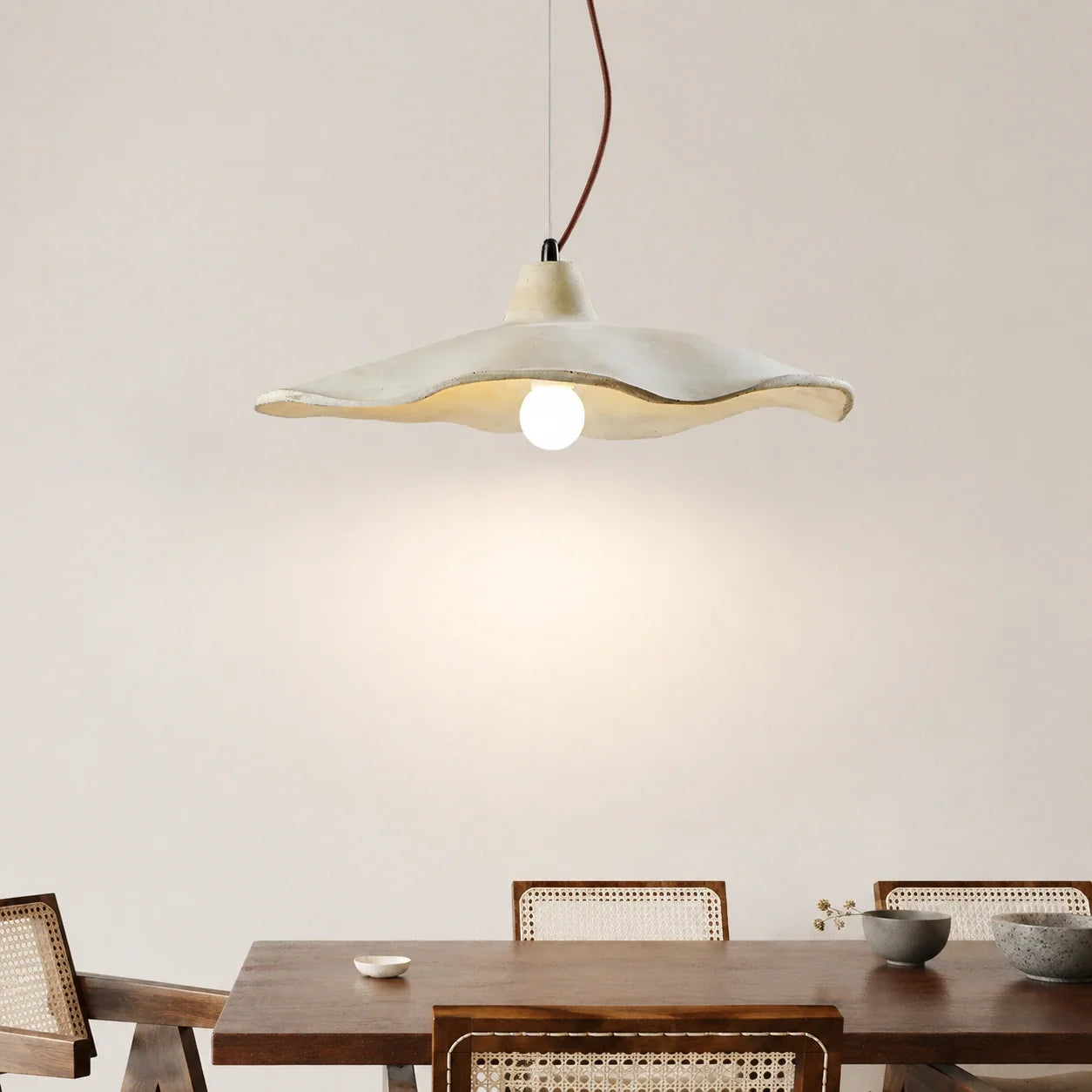 Scalloped Cement Pendant Light with Wood Detail