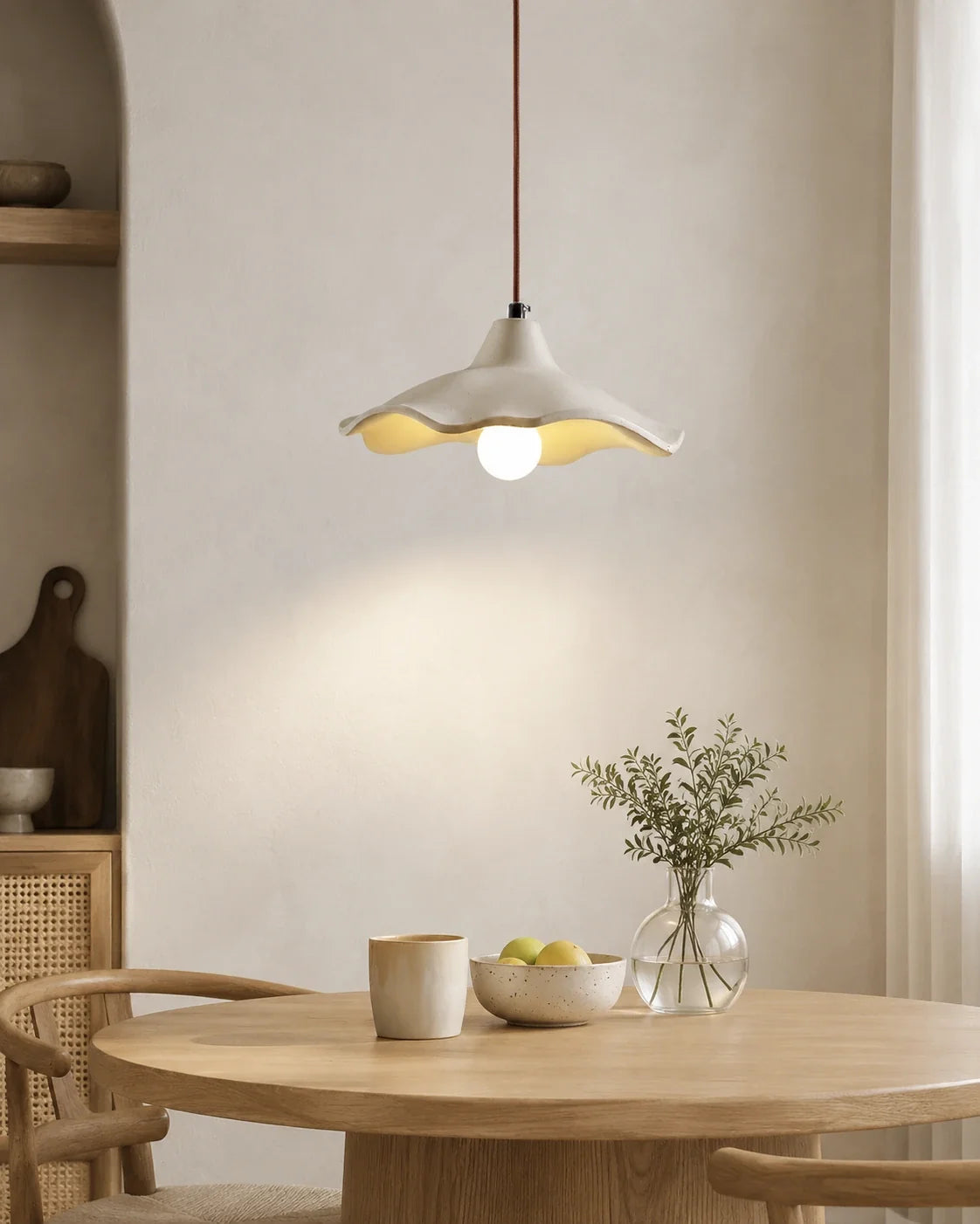 Scalloped Cement Pendant Light with Wood Detail