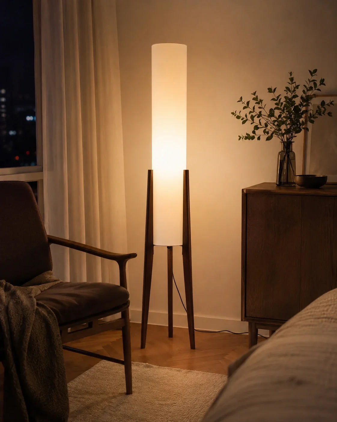 Wooden Tripod Floor Lamp with Tall Fabric Shade