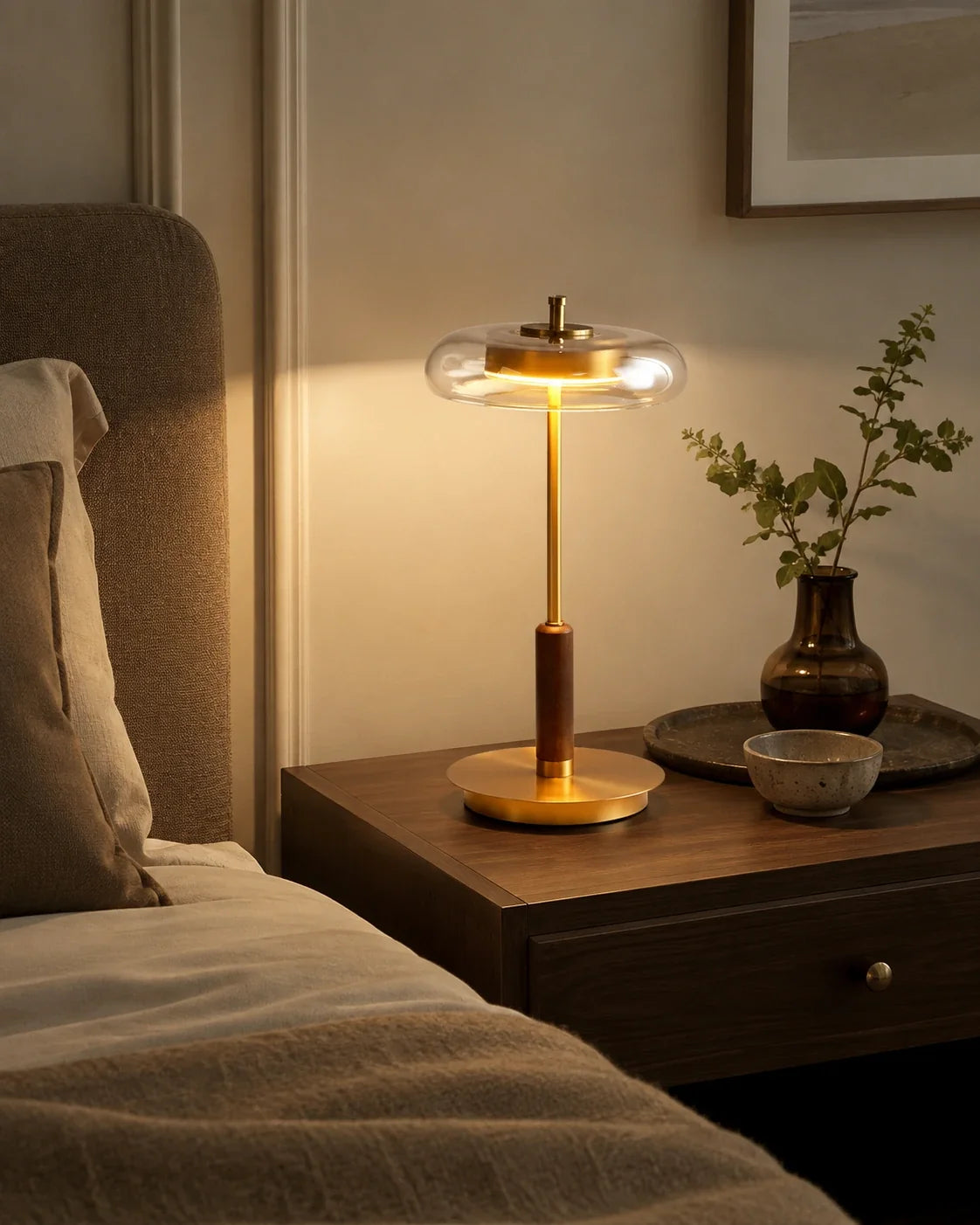 Walnut Wood and Glass LED Table Lamp