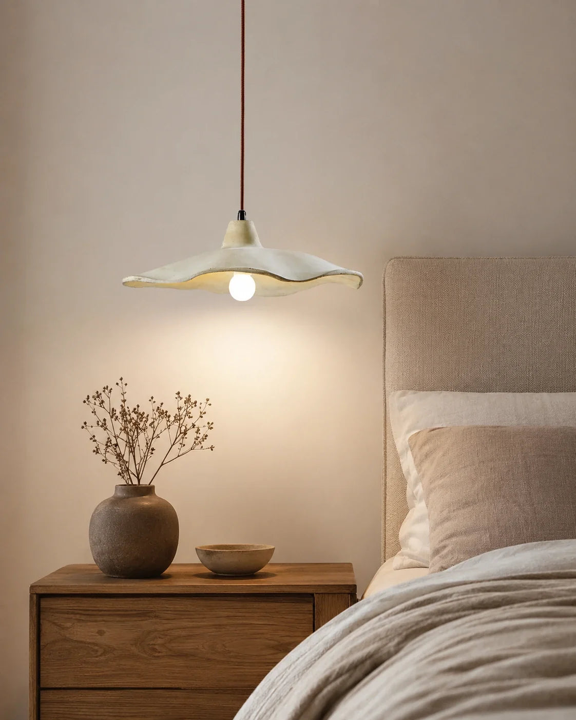 Scalloped Cement Pendant Light with Wood Detail