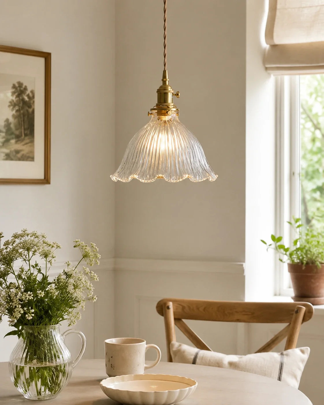 Vintage Ribbed Glass Pendant Light