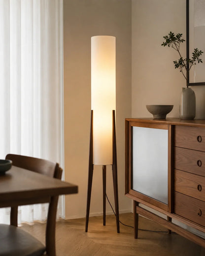 Wooden Tripod Floor Lamp with Tall Fabric Shade
