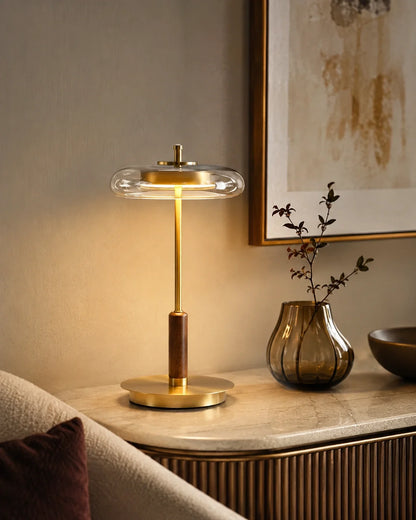 Walnut Wood and Glass LED Table Lamp