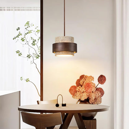 Wabi Sabi Travertine Stone and Wood Pendant Light