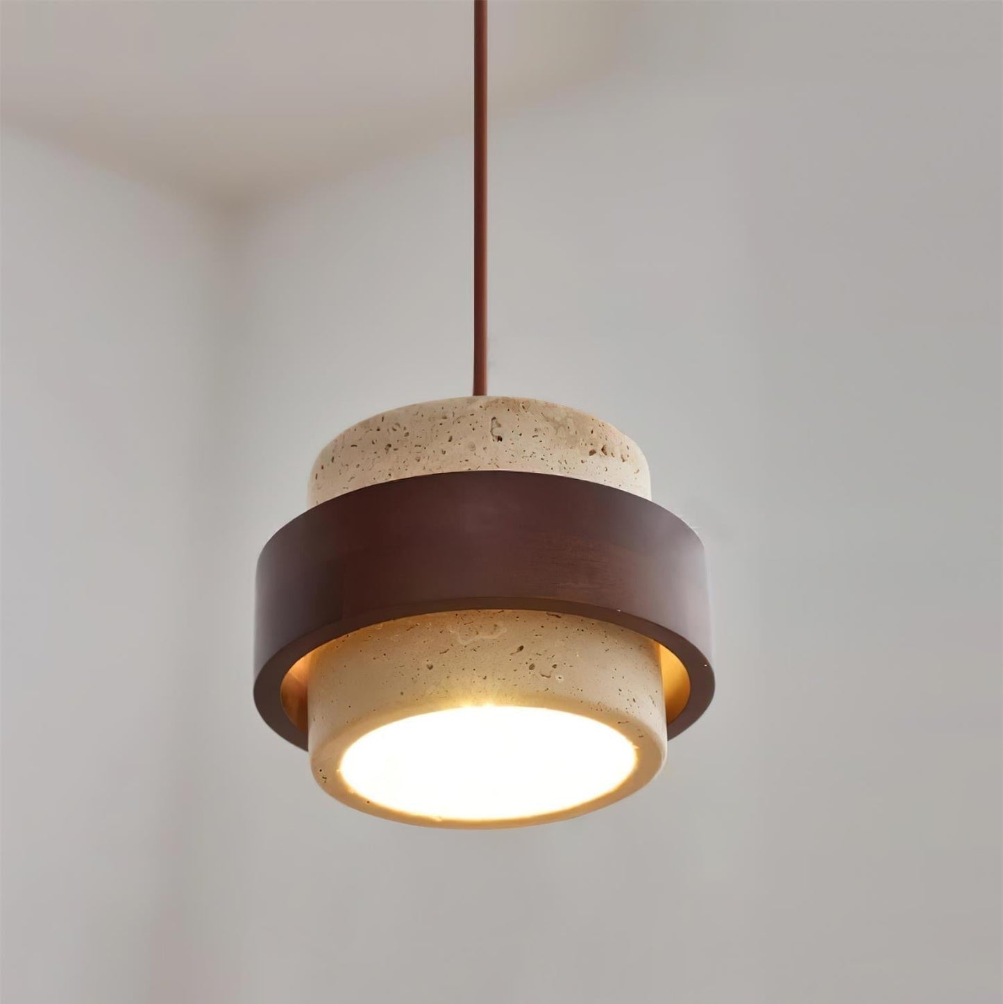 Wabi Sabi Travertine Stone and Wood Pendant Light