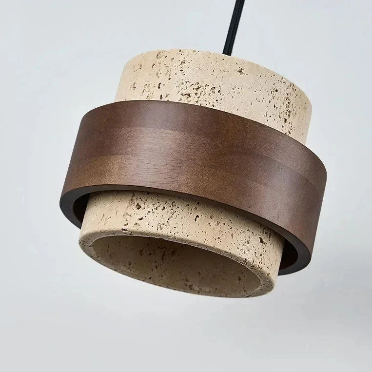 Wabi Sabi Travertine Stone and Wood Pendant Light