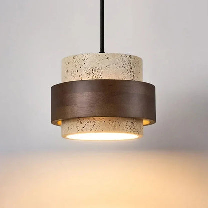 Wabi Sabi Travertine Stone and Wood Pendant Light
