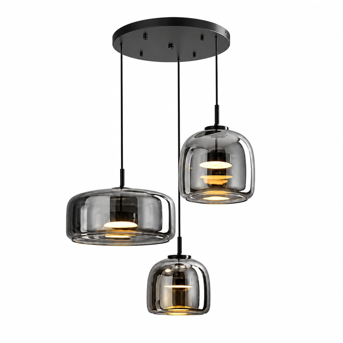 Grey smoked glass dome pendant light, three-light set