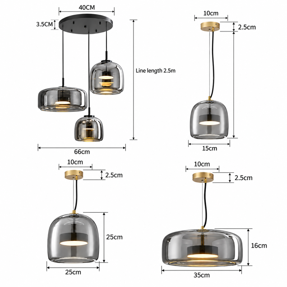 Smoked glass dome pendant light specification sheet