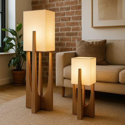 Wooden Floor Lamp with Fabric Shade and LED Bulb