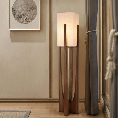 Wooden Floor Lamp with Fabric Shade and LED Bulb